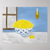 Marguerites jaunes dans une affiche bleue et blanc