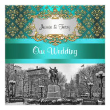 Mariage turquoise de la damassé 222 NYC d'or carré Invitation Personnalisée