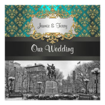 Mariage turquoise de la damassé 223 NYC d'or carré Faire-part Personnalisés