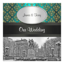 Mariage turquoise de la damassé 223P NYC d'or carr Invitation Personnalisée