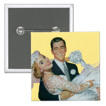 Mariage vintage, jeune mariée de transport de mari pin's