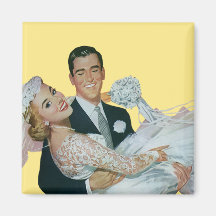 Mariage vintage, jeune mariée de transport de mari magnets pour réfrigérateur