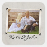 Mariage vintage rustique de photo de fiançailles sticker carré