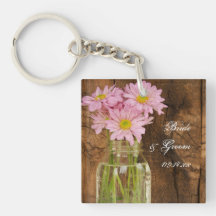 Mason Jar Pink Daisies Country Wedding Keychain