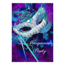 Masques pourpres bleus turquoises de partie de bou carton d'invitation