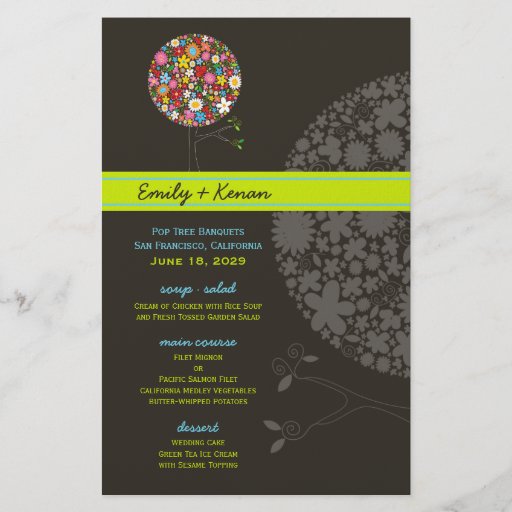 Menu lunatique de mariage d'arbre de bruit de fleu prospectus en couleur