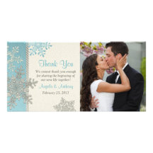 Merci bleu argenté de mariage d'hiver de flocon de photocarte