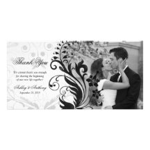 Merci floral noir et blanc Photocard de mariage Cartes Avec Photo