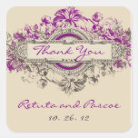Merci floral vintage gris pourpre de mariage autocollants carrés