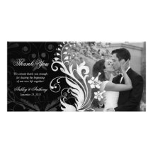 Merci noir et blanc floral Photocard de mariage Cartes De Vœux Avec Photo