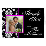 Merci noir fuchsia de photo de mariage damassé carte