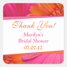Merci nuptiale de douche de marguerite rose orange autocollant carré