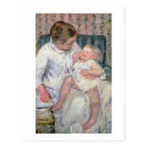 Mère environ pour laver son enfant somnolent, 1880 carte postale