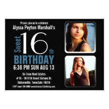 Modern Blue and Black 2 Photos Sweet 16 Party Custom Invitations