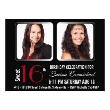Modern BW RED  2 Photo Sweet 16 Party Invite