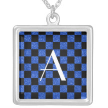 Monogram blue and black glitter checkered custom jewelry