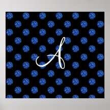 Monogram blue glitter polka dots posters