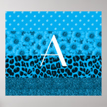 Monogram blue leopard flowers glitter diamonds poster
