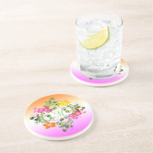 Monogram Colorful Hibiscus Floral Wreath Swirls Beverage Coasters