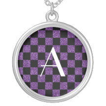 Monogram glitter purple and black checkered necklaces