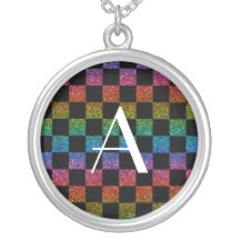Monogram glitter rainbow and black checkered pendant