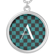 Monogram glitter turquoise and black checkered necklaces