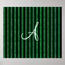 Monogram green glitter stripes poster