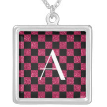 Monogram hot pink and black glitter checkered pendant