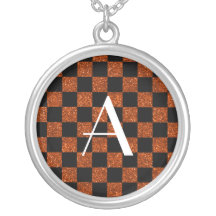 Monogram orange and black glitter checkered necklaces