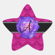 Monogram pink damask purple rose sticker