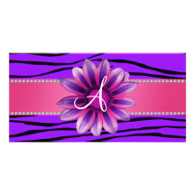Monogram purple zebra stripes pink daisy photo greeting card