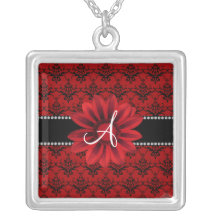 Monogram red damask daisy flower pendants