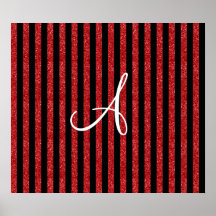 Monogram red glitter stripes posters