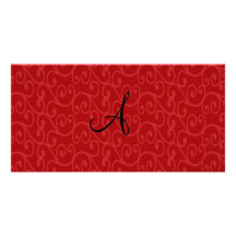 Monogram red swirls photo card