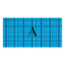 Monogram sky blue plaid photo card template