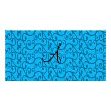 Monogram sky blue swirls photo card template