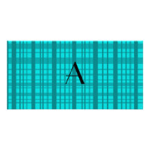 Monogram turquoise plaid photo greeting card
