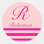 "Monogramme avec le rose de rayures" sur le rose Autocollants Ronds