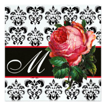 MONOGRAMME BLANC DE DAMASSÉ DE BEAU DE ROSE NOIR D CARTONS D'INVITATION PERSONNALISÉS