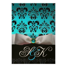 MONOGRAMME BLANC DE DAMASSÉ DE NOIR BLEU D'AQUA DE INVITATIONS