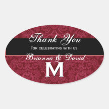 Monogramme blanc noir rouge de Merci de mariage da Autocollant Ovale