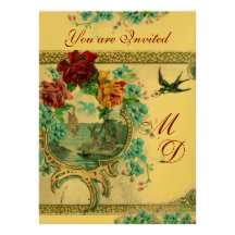 MONOGRAMME BLEU DE MARIAGE D'OR ÉLÉGANT DE ROMANTİ INVITATION