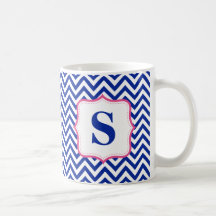 Monogramme bleu de rose de zigzag de Chevron perso Tasses