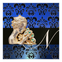 MONOGRAMME BLEU, NOIR, BLANC DE BIJOU DE DAMASSÉ FAIRE-PARTS