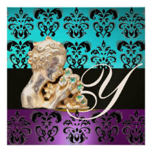 MONOGRAMME BLEU, POURPRE, NOIR, BLANC DE BIJOU DE  INVITATION PERSONNALISABLE