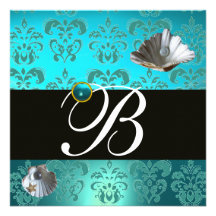 MONOGRAMME BLEU VERT BLEU DE MARIAGE DE PLAGE DE D INVITATIONS PERSONNALISÉES