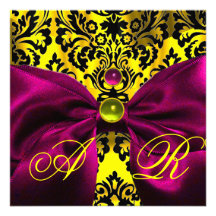 MONOGRAMME FUCHSIA DE DAMASSÉ DE NOIR DE JAUNE D'O INVITATIONS PERSONNALISÉES