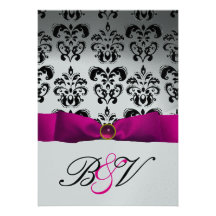 MONOGRAMME FUCHSIA ROSE DE DAMASSÉ DE NOIR D'ARGEN FAIRE-PART PERSONNALISABLES