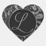 Monogramme L argent et joint noir de mariage damas Autocollant En Cœur