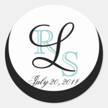 Monogramme L étiquettes de date de mariage de noir Autocollants Ronds